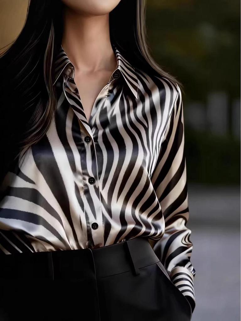 2026 Spring/Autumn Casual Loose Zebra Print Button-Up Shirt for Women