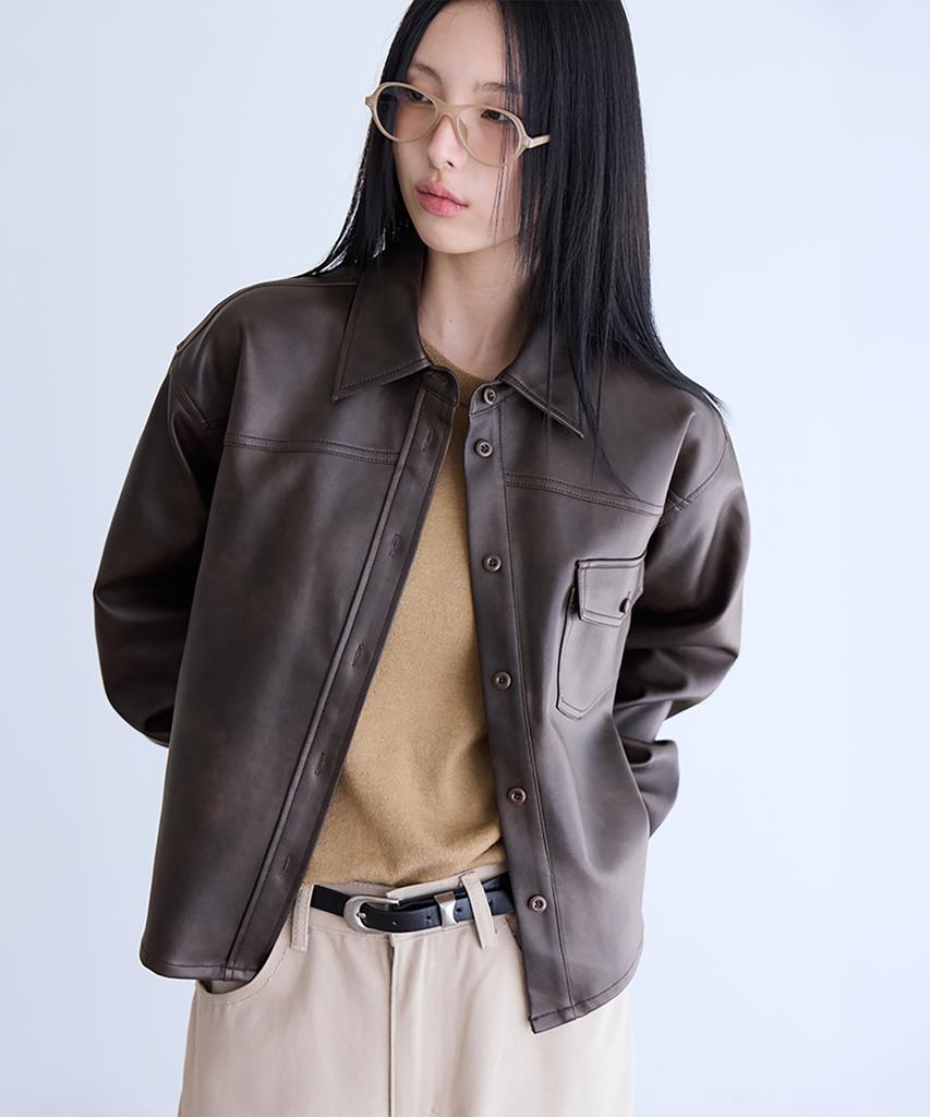 Londonda Faux Leather Shirt Jacket, Brown