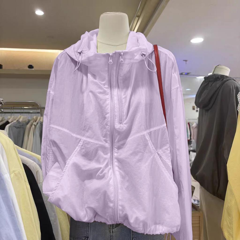 Lös Casual Sommar Ytterplagg Topp Lätt Solskydd Dubbel Dragkedja Polyesterfiber Lång Ärm Med Huvuva