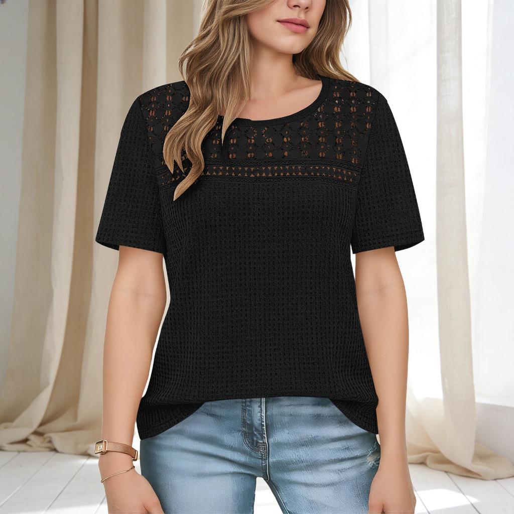 Fashionable Women's Mesh Hollow-Out Breathable Versatile Round Neck Short-Sleeve T-Shirt Top