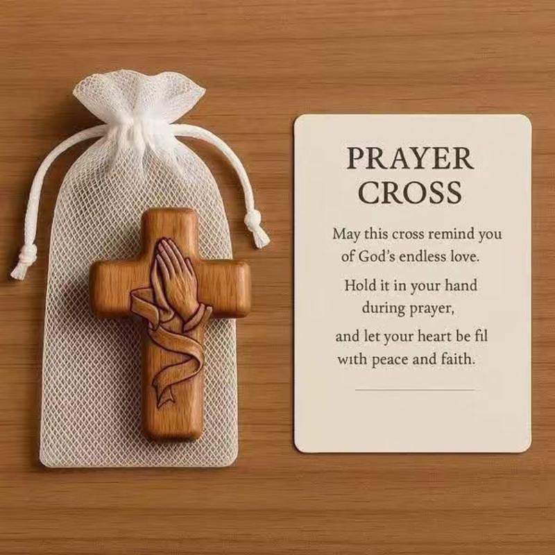 Small Pocket Prayer Cross With Card, Portable Wooden Prayer Cross Pocket Card With Bag For Easter Christmas Token, Church Favors