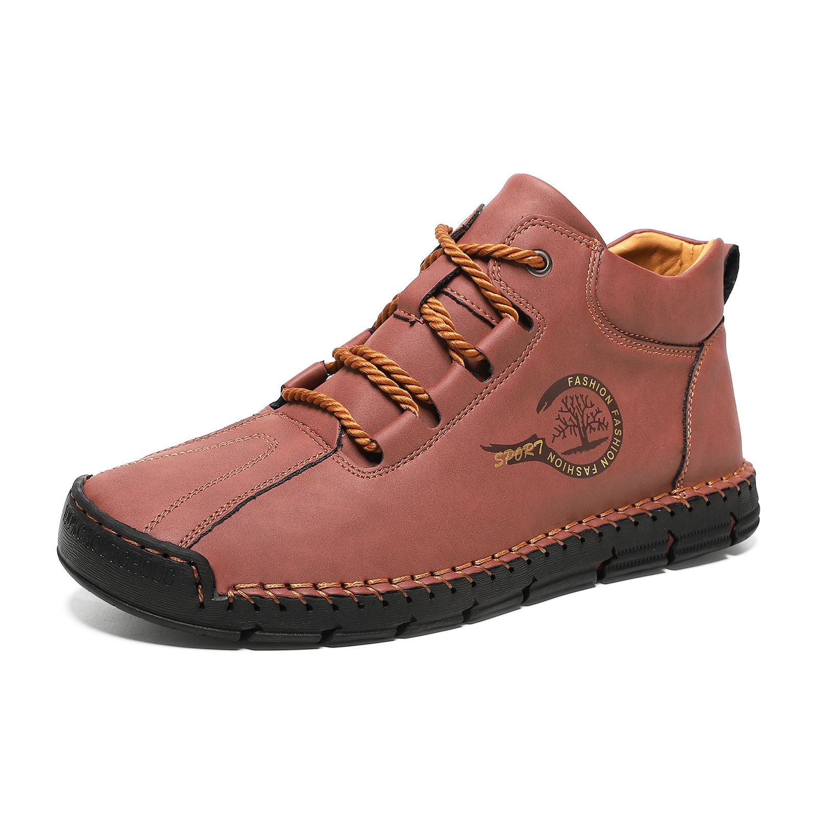 Men s Plus Size Outdoor Slip-On Casual Flat Shoes Hand-stitched Zipper Martin Short Boots 41 вино красного