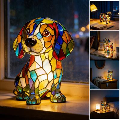 Rainbow Pup Night Light Handmade Vintage Dyed Resin 3D Puppy Lamp USB Powered Soft Warm LED Non-Glaring Decorative Gift for Dog Lovers Bedroom Desk