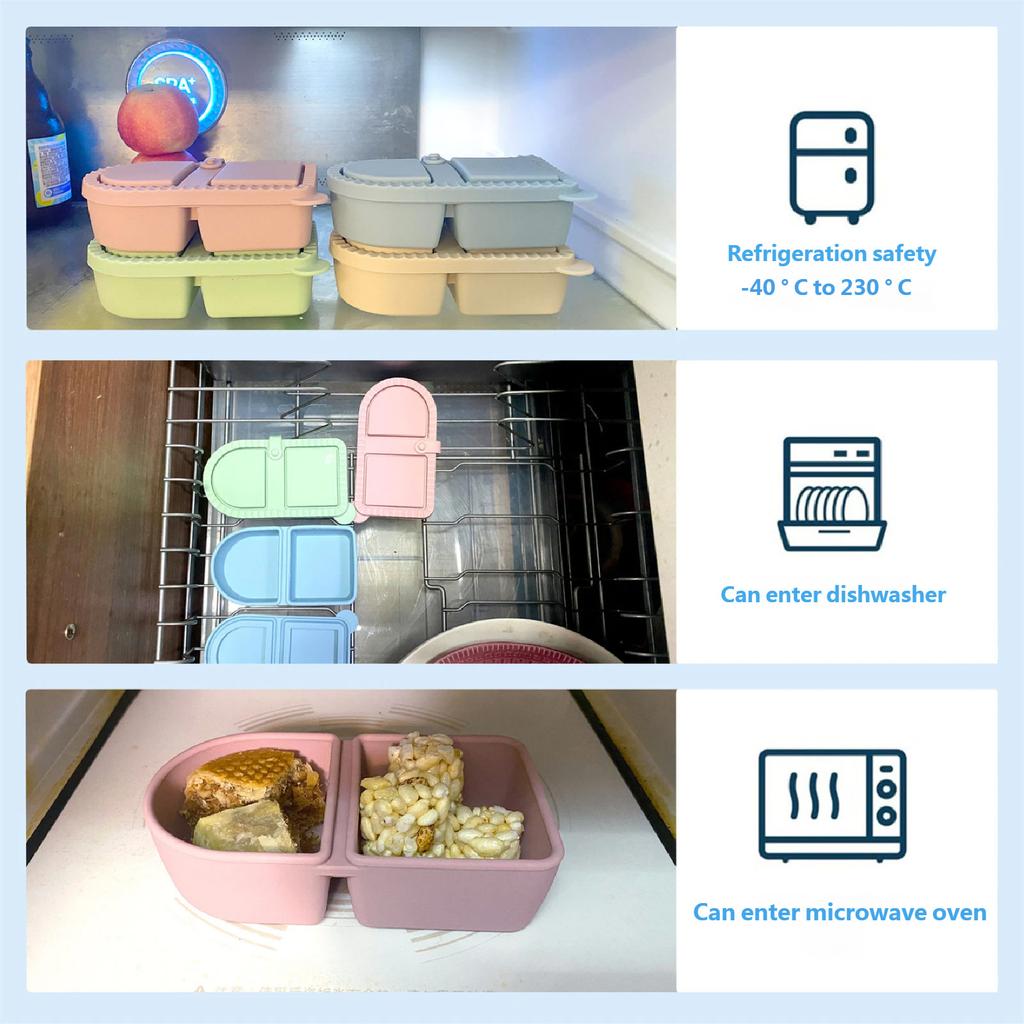 Portable Double Compartment Snacks Box Silicone Leak Proof Dishwasher Safe Food Container For Outdoor And Home Use