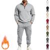 Men's Winter Fleece Lined Tracksuit Set Stand Collar Zip Up Cargo Sweatshirt and Pants Oversized Outdoor Workout Jogger Set