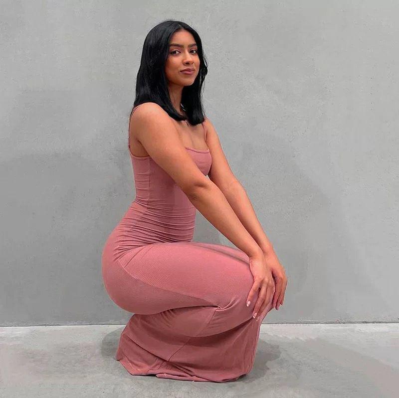 European American SKIMS Solid Color Slimming Spaghetti Strap Mermaid Bodycon Dress