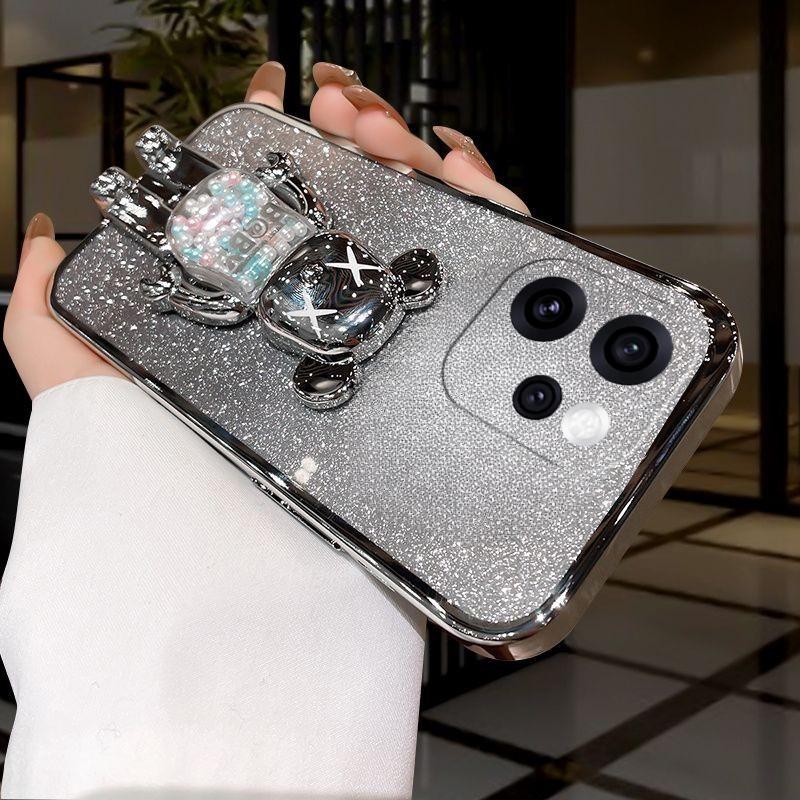 For OPPO Reno 15 Pro 15F Case with Cartoon 3D Bear Stand Luxury Slim Gradient Plating Glitter Girls Stylish For OPPO Reno 15F 15 Pro Back Cover