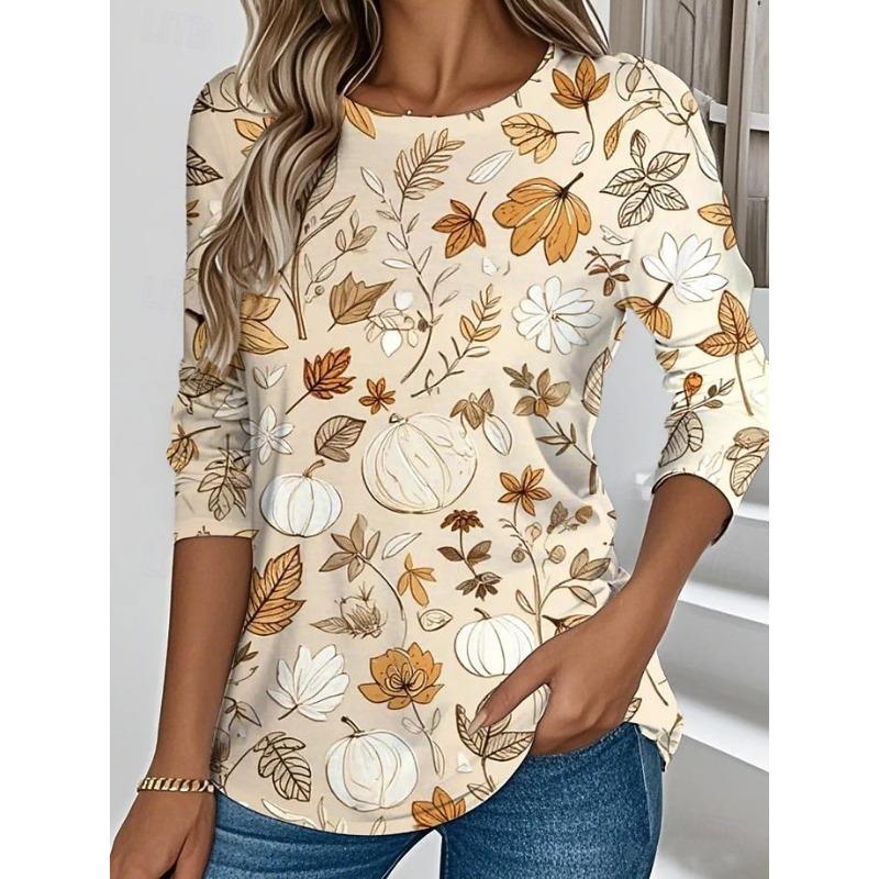 Camiseta de Manga Larga con Cuello Redondo y Estampado de Hojas para Mujer, Top Casual de Moda, Ropa Jersey