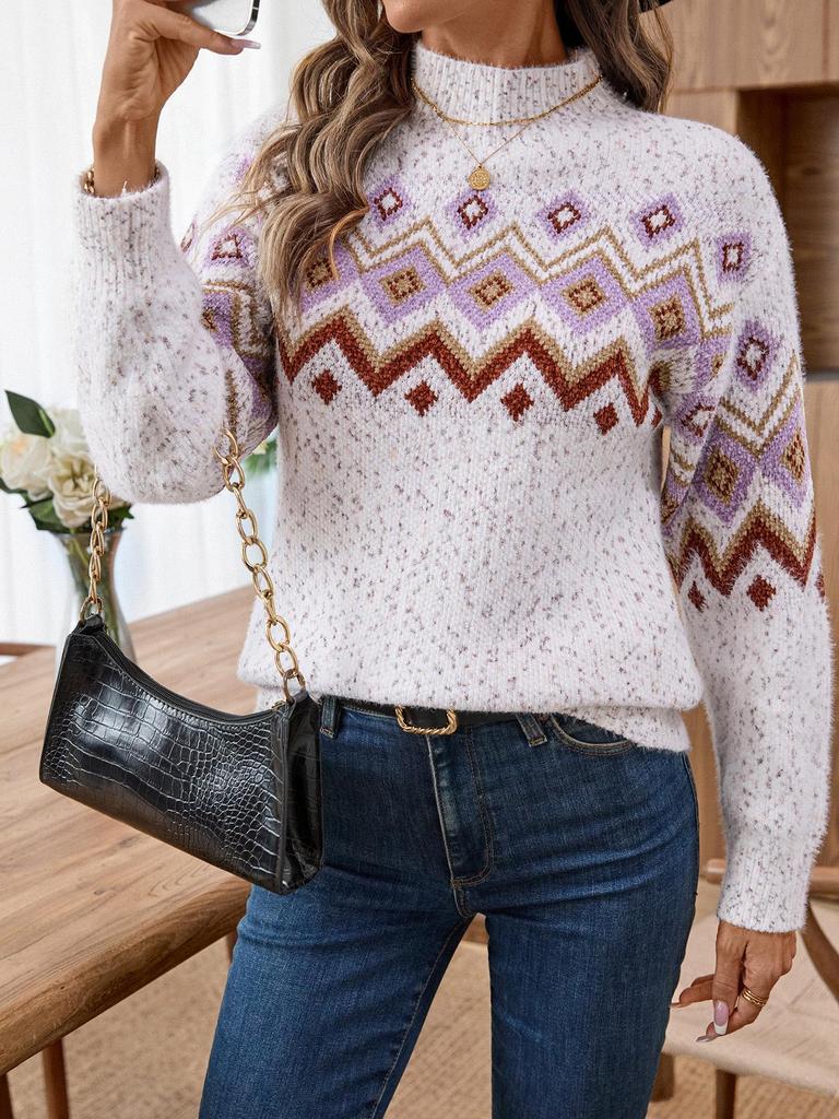 Autumn Winter Women's Jacquard Pullover Sweater - Half-High Collar, Long Sleeve, Casual Loose Knitwear