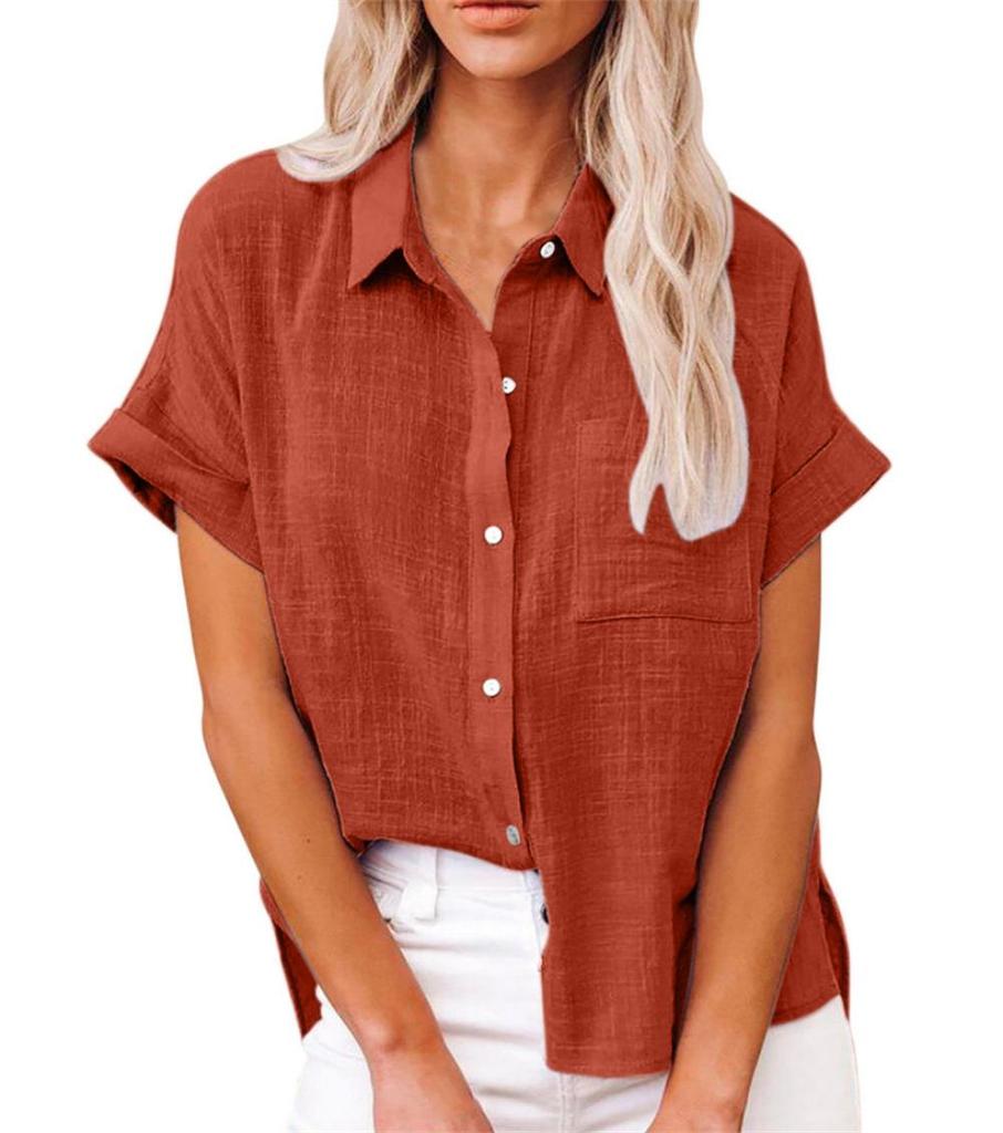 Summer Plain Button Down Turn Down Collar Women's Solid Cotton Short Sleeve Blouse Shirts