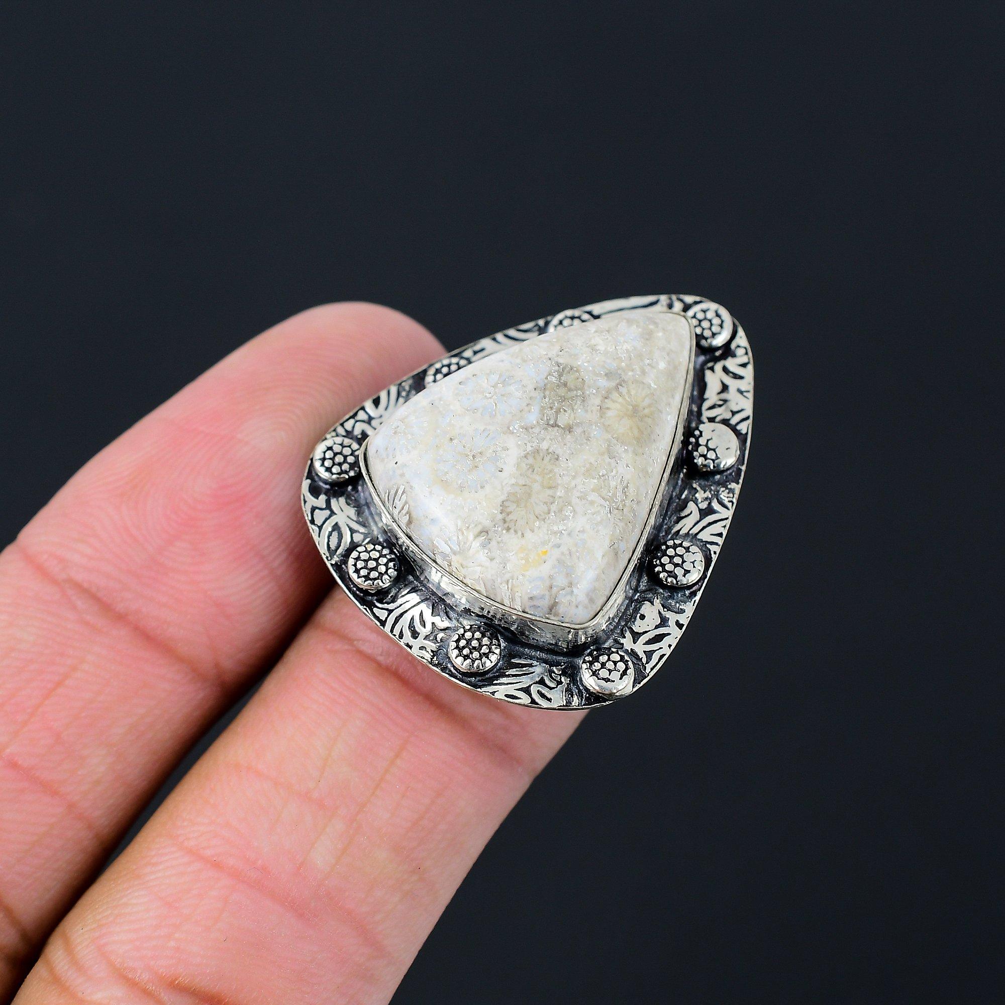 

Sterling Silver Fossil Coral Gemstone Solitaire Statement Ring Jewelry US 7.5 7.5
