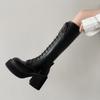 Womens Knee Length Boots Fashion Thick-soled Casual Boots High Quality Leather Boot Lace Up Platform Boots for Women Botas Mujer