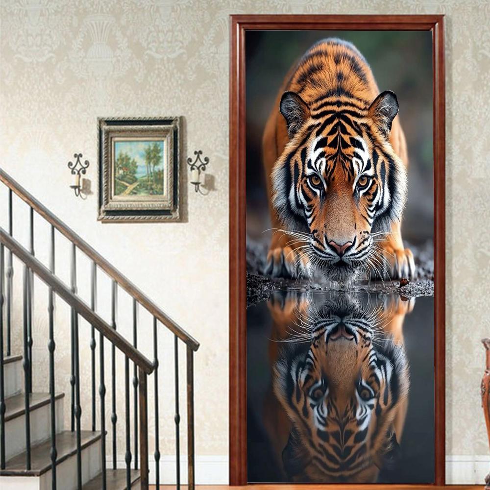 1 Stück Tiger Veranda Vinyl Türsticker Für Schlafzimmer Heimdeko Selbstklebend Abnehmbarer Wandaufkleber Türrenovierung Wasserdichtes Poster