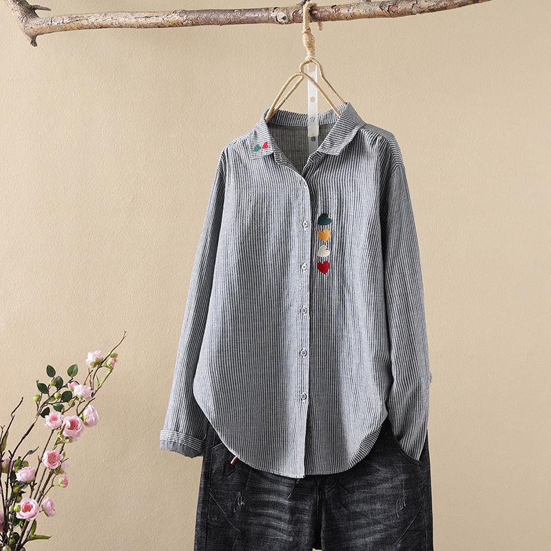 Striped Shirts and Blouses for Women Tops Heart Shape Embroider Stripes Long Sleeve Shirt Basic Shirts