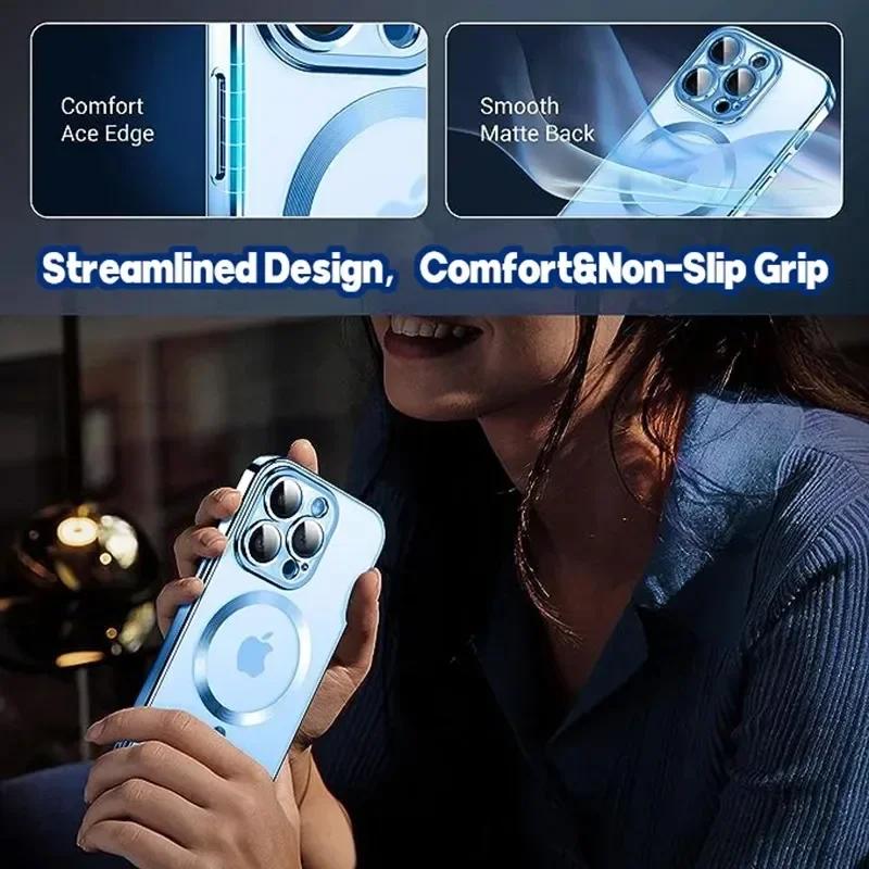 Luxury Wireless Charge Magsafe Phone Case For iPhone 15 14 13 12 11 Pro Max Plus Transparent Magnetic Electroplate Bumper Cover