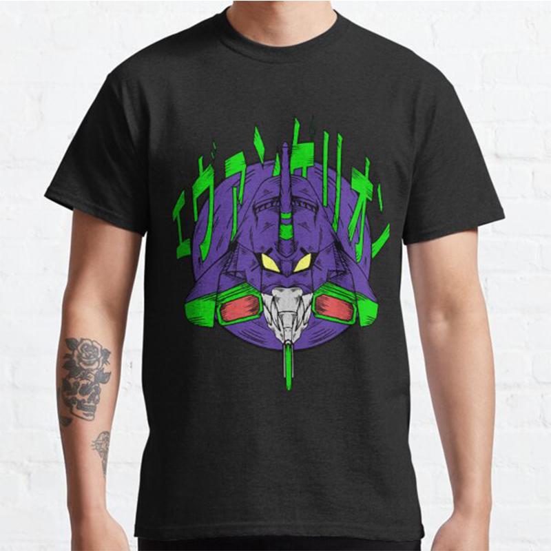 Plus Size Anime Evangelion Printed Unisex T Shirts Round Neck Cotton Tops Summer Casual Black Tees