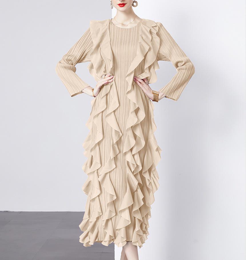 Miyake 2024 Spring Lotus Leaf Pleated Dress - Women's Layered Three-Quarter Sleeve, Round Neck, Plus Size
