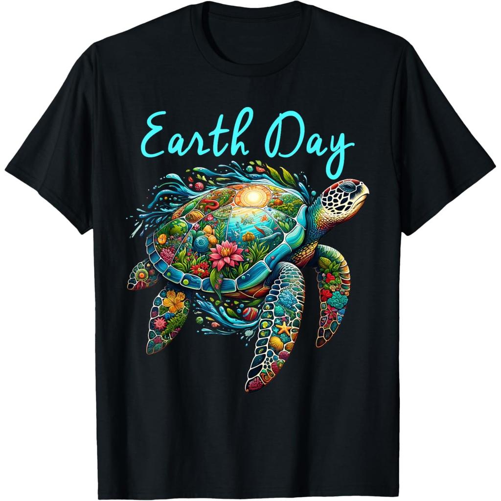 Earth Day Sea Turtle Graphic Tee Breathable Casual Cotton T-Shirt for Unisex