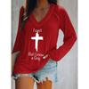 Casual Loose Women's Faith Print Long Sleeve V Neck T-Shirt, Fall Winter Religious Graphic Daily Top