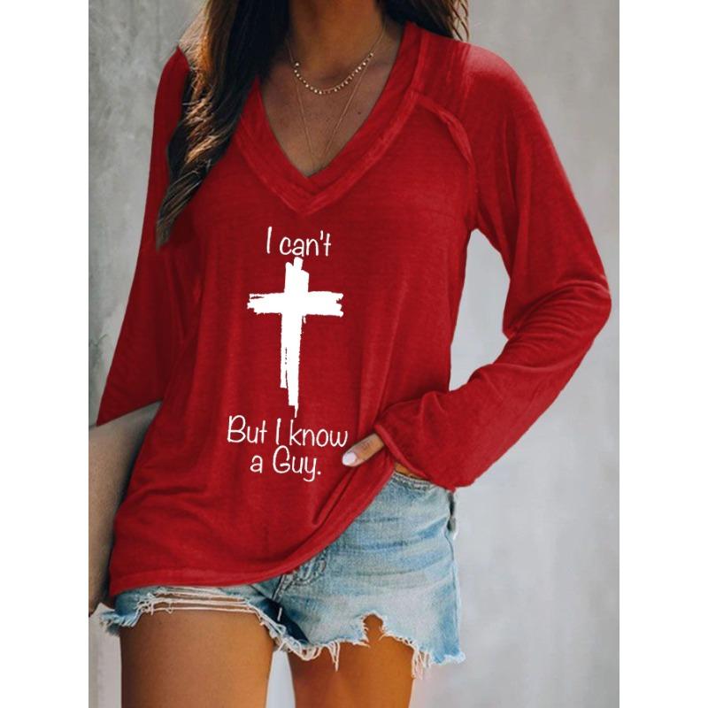 Casual Loose Women's Faith Print Long Sleeve V Neck T-Shirt, Fall Winter Religious Graphic Daily Top