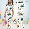 Girls Red Printed Round Neck Short Sleeve Top And Flared Pants Two Piece Set