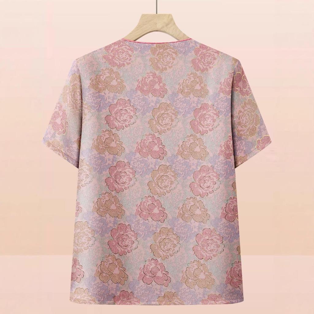 Mom's Chinese Style Summer Top Set: Short-Sleeved Shirt & Two-Piece Outfit for Middle-Aged and Elderly Women