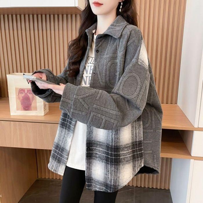 Casual Loose Lazy Style Patchwork Plaid Shirt Design Sweatshirt Jacket Leisure