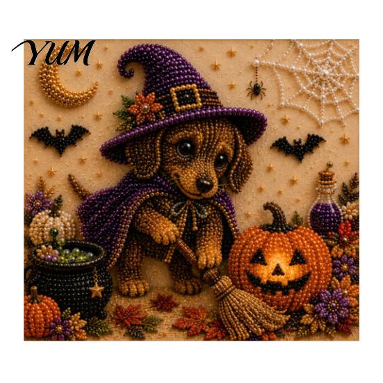 Halloween Puppy Witch Decor Faux Pearl Painting Kit, Ghost 3D Art Craft Clean Paint Free Set for Adults Beginners, Home Wall Decor, DIY Stress Relief