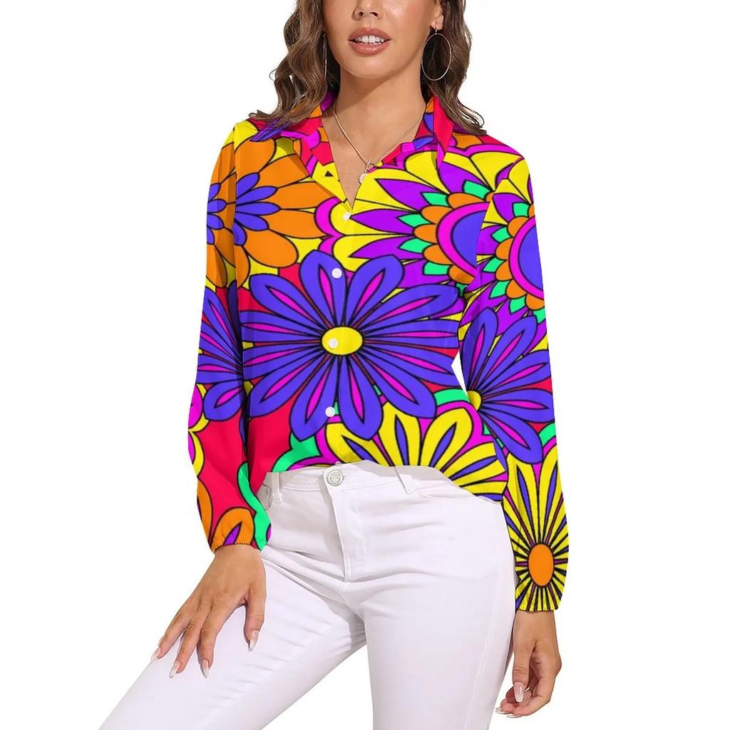 Helle Flower Power Bluse Retro Hippie Blumen Trendige Bedruckte Blusen Damen Langarm Freizeithemden Frühling Übergroße Kleidung