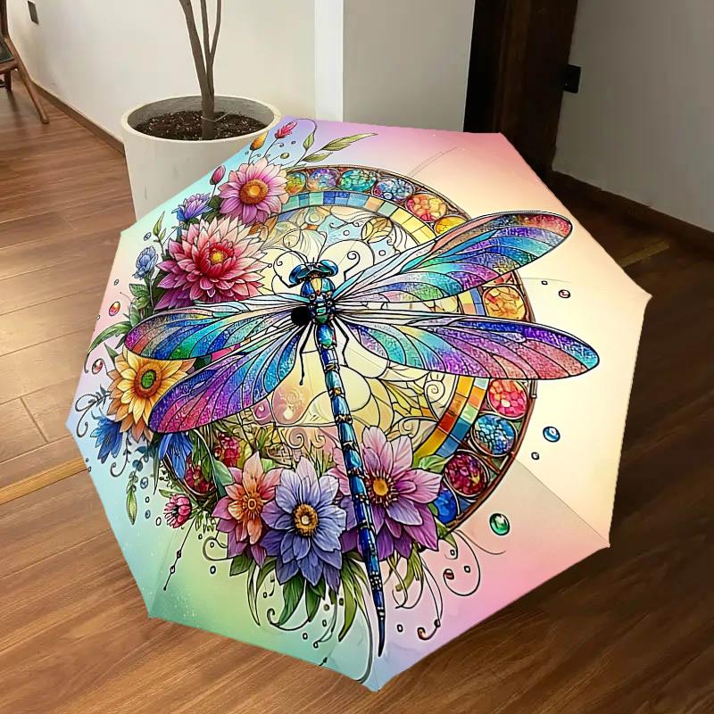 1PC Dragonfly FlowersAutomatic Open/Close Umbrella with Windproof, 8-Rib Sturdy Canopy, Durable Ribs, Fashionable Design, Outdoor Accessory, Fun Prin,