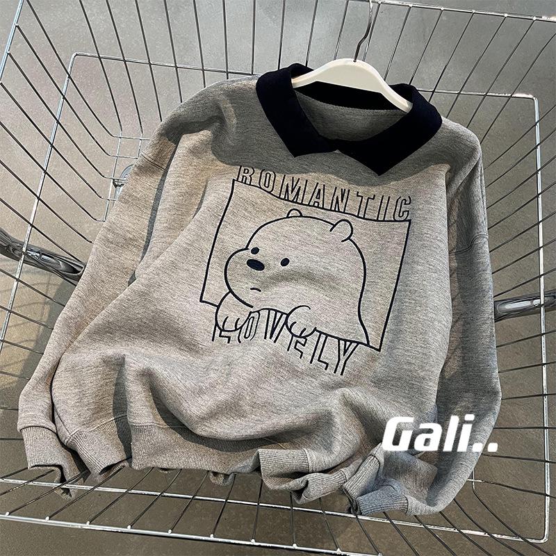 

Женский свитшот в корейском стиле с принтом плюшевого мишки, воротником поло - приталенный, омолаживающий пуловер. 2XL (recommended 150-170 jin) серый