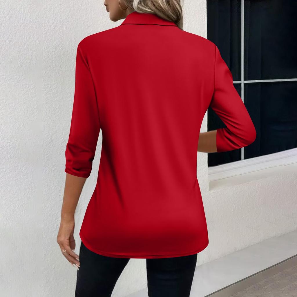 Women's Fashion Casual Lapel Short 3/4 Sleeve Color Shirt Women's V-Neck Button Tops