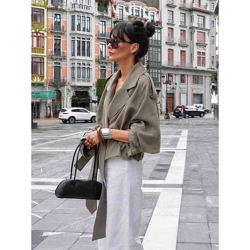 Damen Einfarbig Langarm Schnürjacke Mode Einfarbig Revers Gürtel Kurz Locker Trenchcoat Herbst Täglich High Street Oberbekleidung