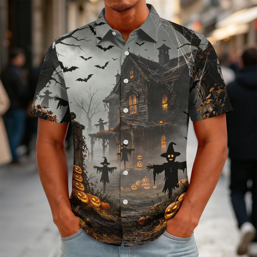 Men's Halloween Print Vintage Button Down Cardigan Shirt - Loose Fit Breathable Summer Casual Streetwear Top
