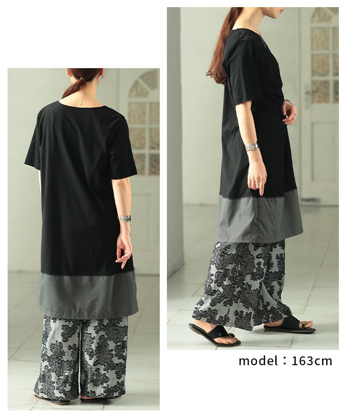 la color gathered design dress for flattering Free Black x [sawa á mode] Two-tone scheme, women. Short-sleeved, monochrome, asymmetrical, fit, casual,