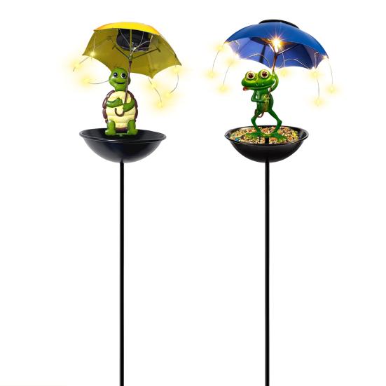 Yousheng Solar Vogelfutterhaus Frosch Gartenfigur mit beleuchtetem Schirm Outdoor Schildkröte Solarleuchte Kolibri-Futterhaus mit Stab für Hofkunst Rasen