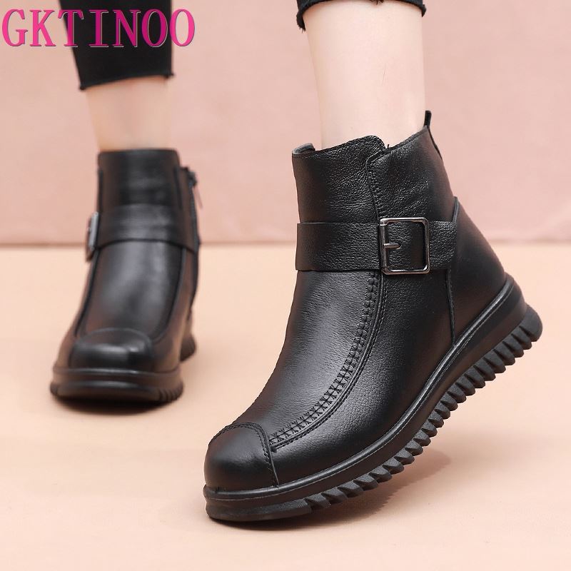 Fashion GKTINOO Fashion Genuine Leather Women Casual Short Winter Snow Boots Natural Wool Fur Lined Warm Shoes Waterproof