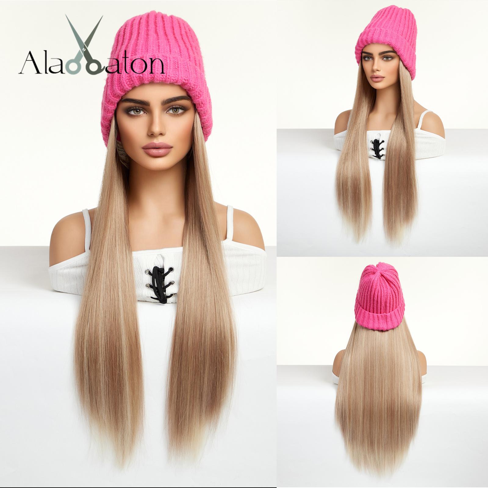 

ALAN EATON Hat Wigs Cap with Hair Straight Natural Black Color Connect Winter Knitted Beanie Synthetic Hair Women Daily Party High Temperature
