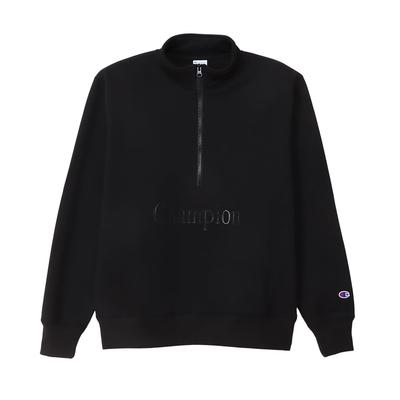 Hanorac lung, transparent, din cauciuc periat, cu fermoar pe jumătate, negru [Champion], cu mânecă, căptușeală, imprimeu, bluză, casual bărbătească, C3-A004