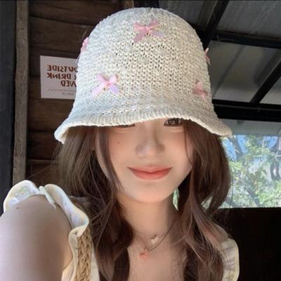 Fashion Mini Bow Beach Straw Hat Breathable Weaving Korean Bucket Hat Panama Solid Color Women Suncreen Hat Sun Protection