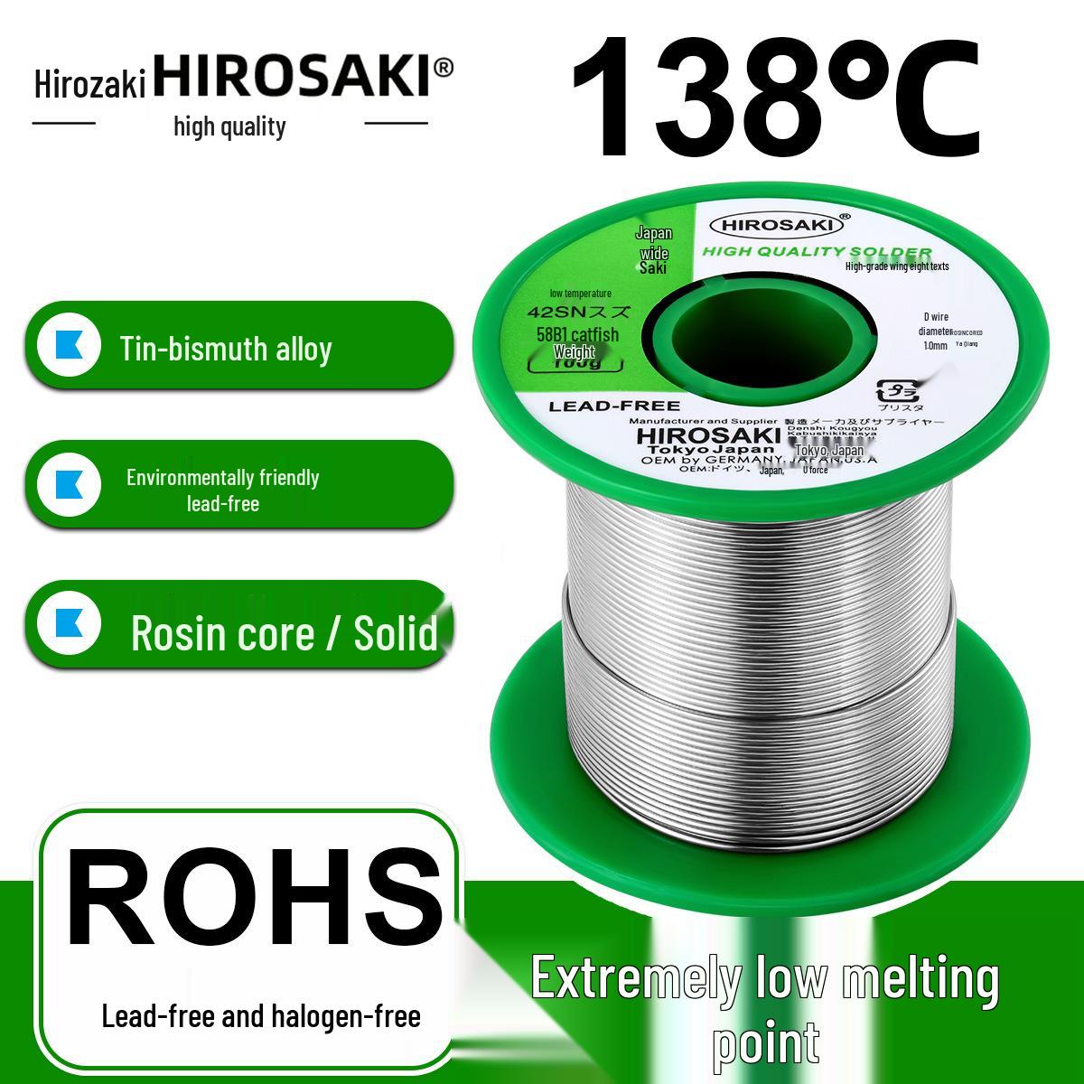 

Hirozaki Lead-Free Low-Temp Solder Wire - 138℃ Melting Point, Solid Core, Tin-Bismuth Alloy, 0.8mm Solid Core 100g 1.0mm [Flux Needed]