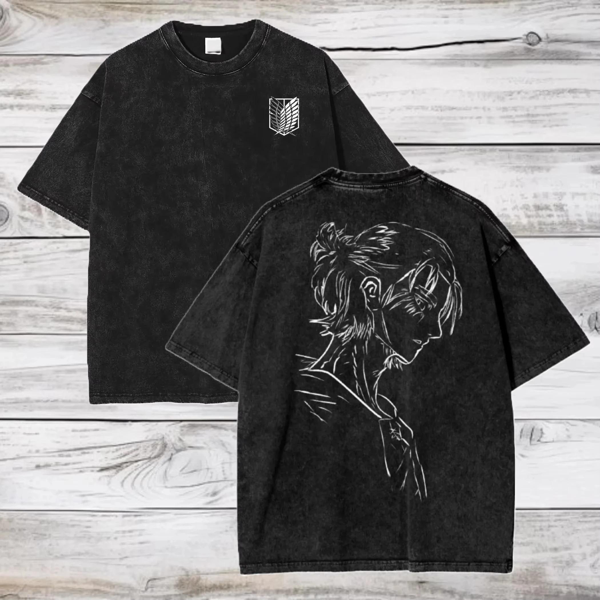 

Hotblooded Anime Attack on Titan Graphic Print Tshirt Men Women Vintage Washed Oversized Cotton Summer New Tee Oversized Tops S