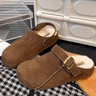 Chaussures pour femmes 2024 Marque Baotou Pantoufles pour femmes Mode Boucle de ceinture Pantoufles quotidiennes Femmes Vente chaude Plus Velours Pantoufles plates