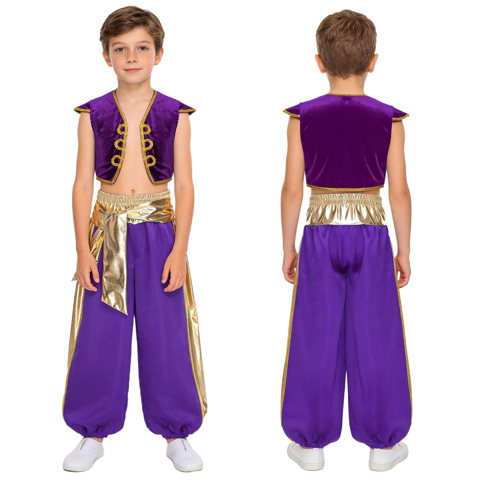 

Kids Boys 2Pcs Arabian Prince Halloween Costume Cap Sleeve Braided Vest with Metallic Shiny Patchwork Contrast Bloomers Harem Pants 13-14 Years фиолетовый