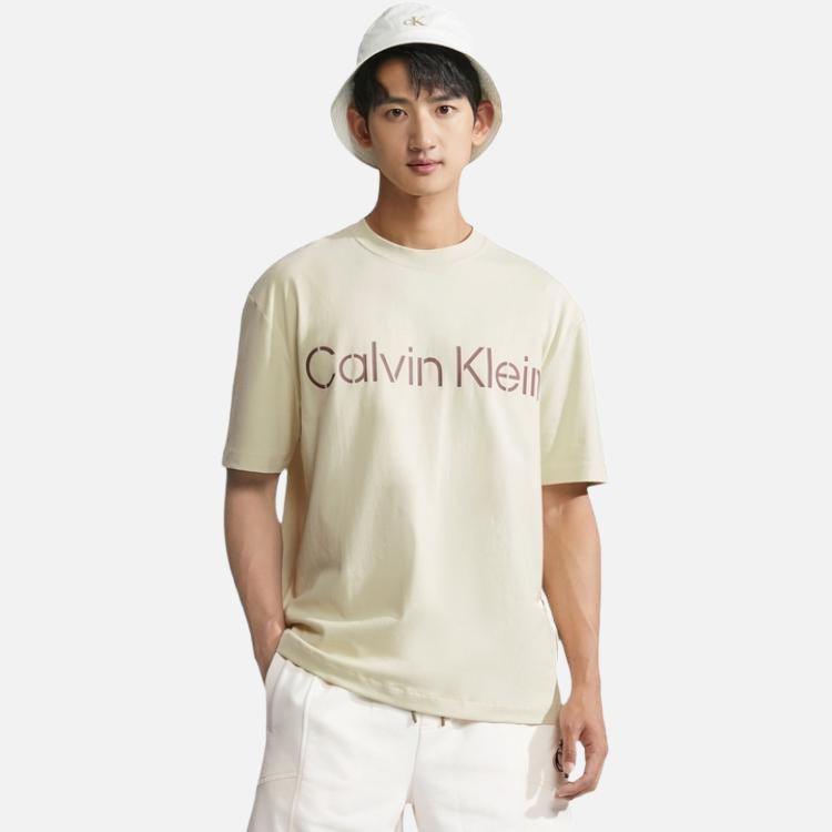 Calvin Klein SS23 Logo Print Loose Round Neck Pullover Short Sleeve T-Shirt Men Tops Ivory-White 40LM200-CEN