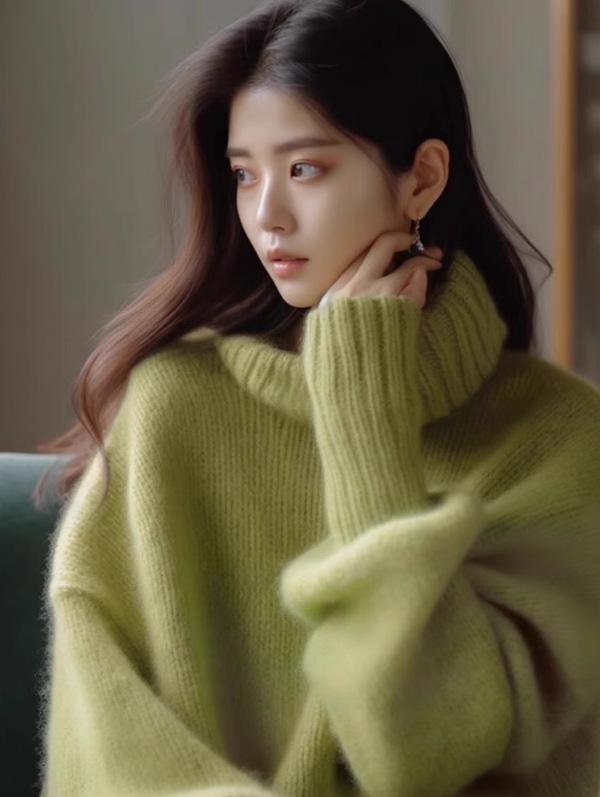 FL232559 Women's Green Turtleneck Sweater: Cozy, Loose Fit Knitwear for Petite Sizes - Perfect for Autumn and Winter.