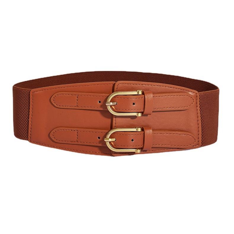 Wind Lady Double Buckle Wide Belt Retro Elastic Elastic Waist Seal Waist Decoration