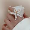 Gold Plated Iron Alloy Exaggerated Blue White Enamel Wrinkled Starfish Open Adjustable Cocktail Ring For Women
