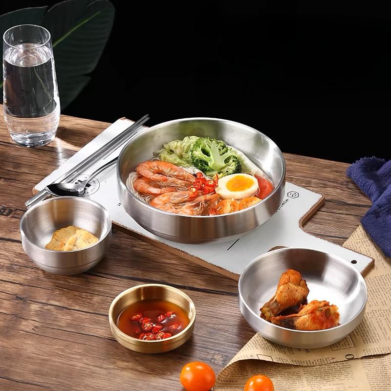 Korean Style Gold Double-layer 304 Stainless Steel Rice Bowl for Children's Meals Commercial Cuisine Kimchi Soup Bowl