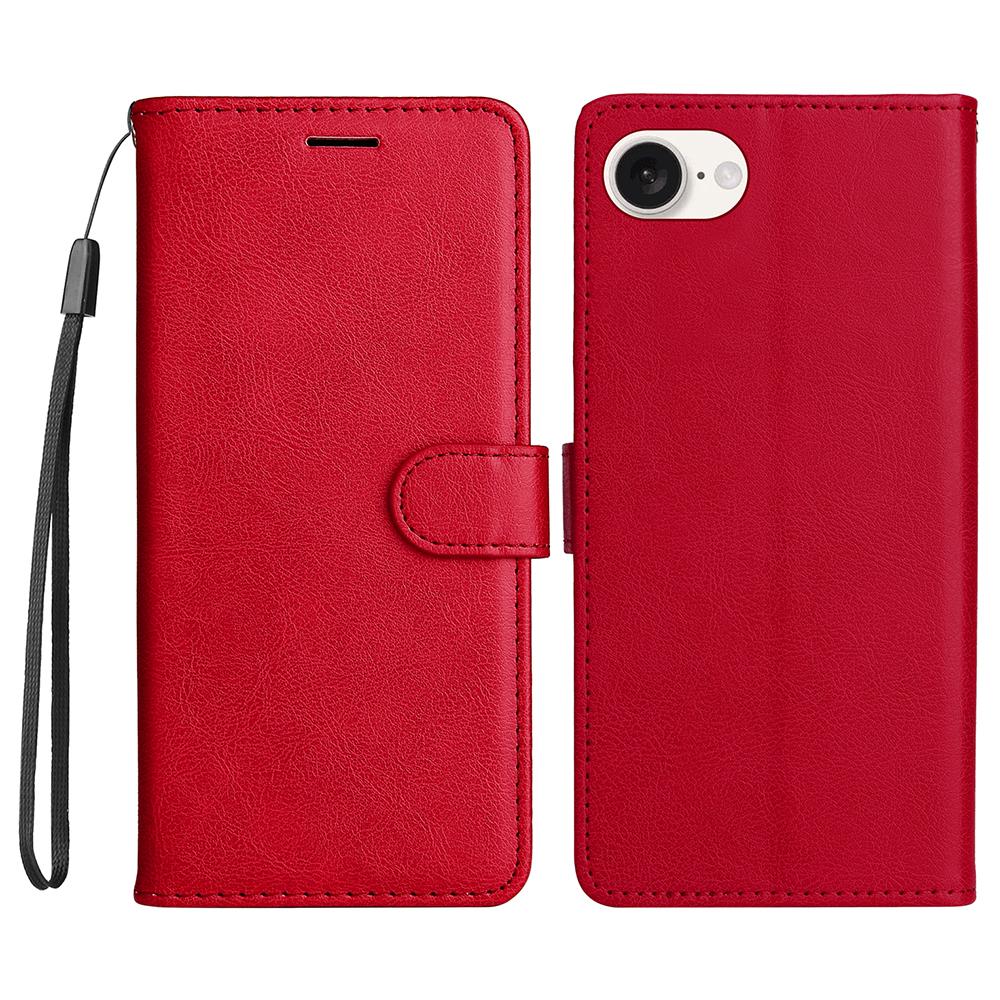 

For iPhone 16e Case Solid Color Leather Mobile Cover Wallet Stand with Strap Red